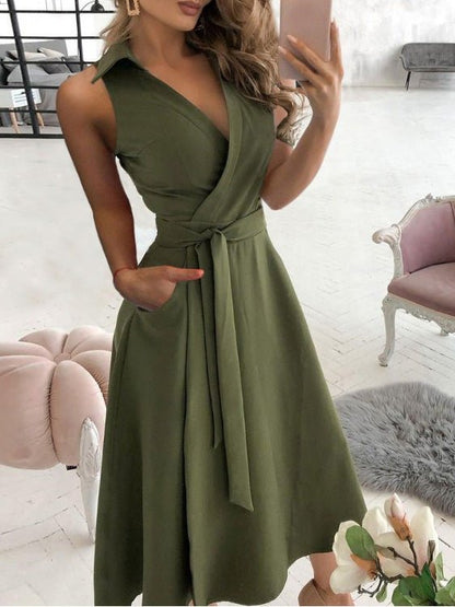 Women's Dresses Solid V-Neck Belted Sleeveless Dress - Maxi Dresses - Instastyled | Online Fashion Free Shipping Clothing, Dresses, Tops, Shoes - 27/06/2022 - 30-40 - Casual Dresses