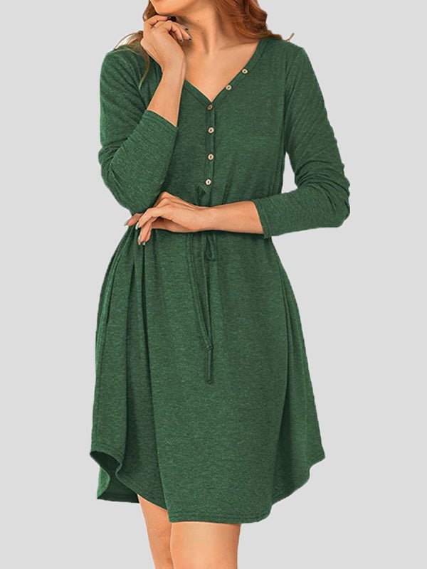 Women's Dresses Solid V-Neck Button Belt Long Sleeve Dress - Mini Dresses - Instastyled | Online Fashion Free Shipping Clothing, Dresses, Tops, Shoes - 17/08/2022 - 30-40 - casual-dresses