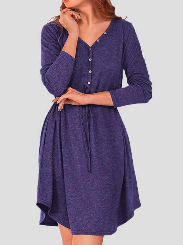 Women's Dresses Solid V-Neck Button Belt Long Sleeve Dress - Mini Dresses - Instastyled | Online Fashion Free Shipping Clothing, Dresses, Tops, Shoes - 17/08/2022 - 30-40 - casual-dresses