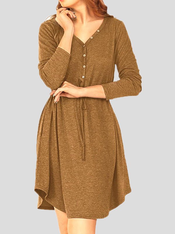 Women's Dresses Solid V-Neck Button Belt Long Sleeve Dress - Mini Dresses - Instastyled | Online Fashion Free Shipping Clothing, Dresses, Tops, Shoes - 17/08/2022 - 30-40 - casual-dresses