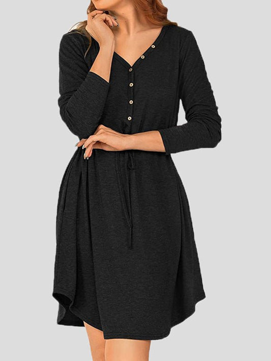 Women's Dresses Solid V-Neck Button Belt Long Sleeve Dress - Mini Dresses - Instastyled | Online Fashion Free Shipping Clothing, Dresses, Tops, Shoes - 17/08/2022 - 30-40 - casual-dresses