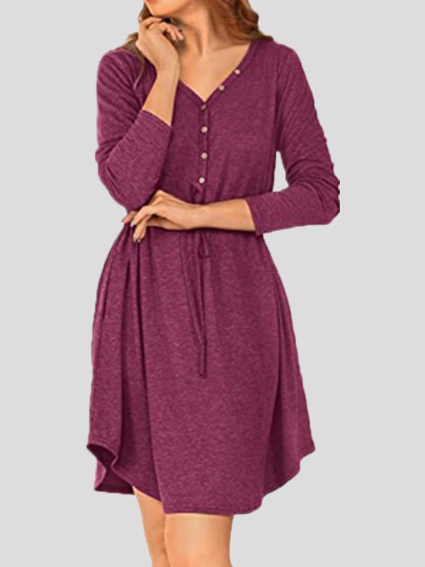 Women's Dresses Solid V-Neck Button Belt Long Sleeve Dress - Mini Dresses - Instastyled | Online Fashion Free Shipping Clothing, Dresses, Tops, Shoes - 17/08/2022 - 30-40 - casual-dresses