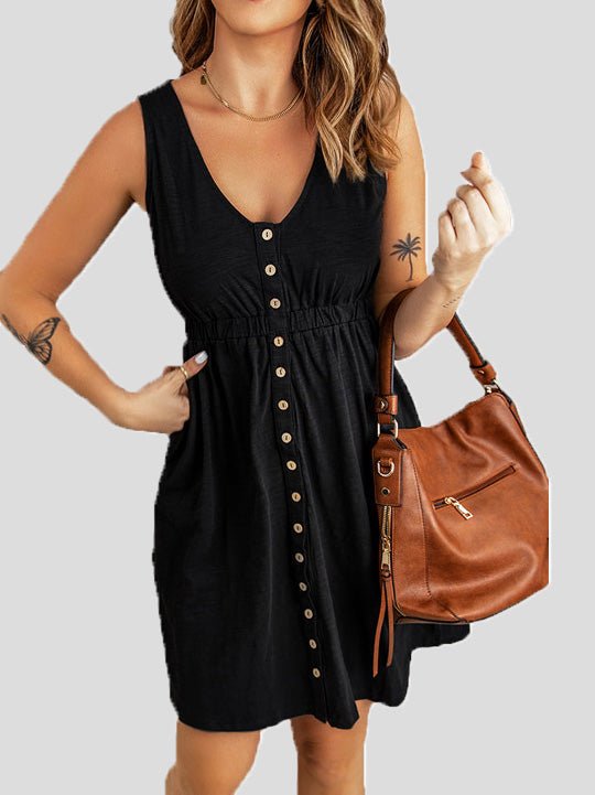 Women's Dresses Solid V-Neck Button Sleeveless Dress - Mini Dresses - Instastyled | Online Fashion Free Shipping Clothing, Dresses, Tops, Shoes - 22/02/2022 - Casual Dresses - Color_Black