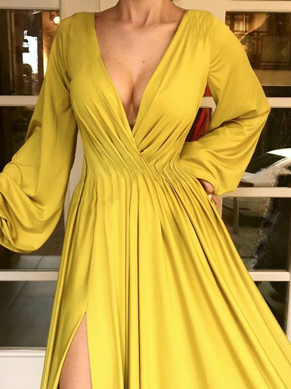 Women's Dresses Solid V-Neck Long Sleeve Slit Dress - Maxi Dresses - Instastyled | Online Fashion Free Shipping Clothing, Dresses, Tops, Shoes - 15/02/2022 - 40-50 - color-yellow