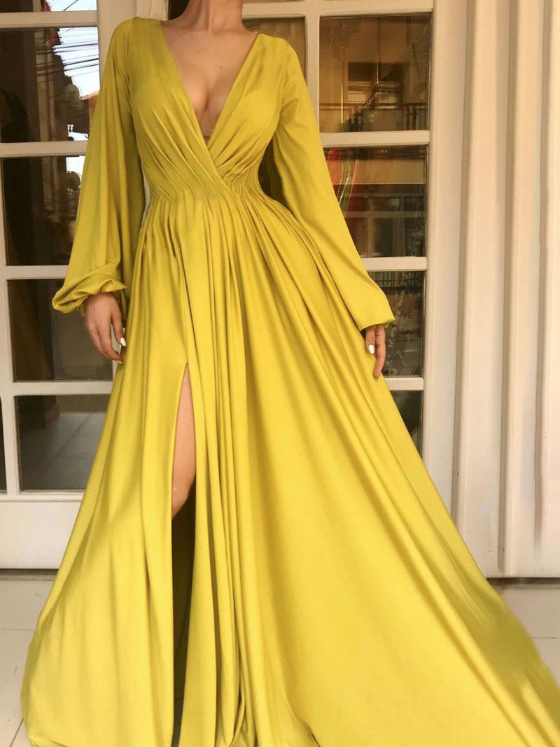 Women's Dresses Solid V-Neck Long Sleeve Slit Dress - Maxi Dresses - Instastyled | Online Fashion Free Shipping Clothing, Dresses, Tops, Shoes - 15/02/2022 - 40-50 - color-yellow