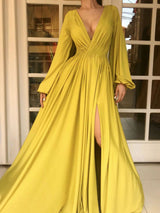 Women's Dresses Solid V-Neck Long Sleeve Slit Dress - Maxi Dresses - Instastyled | Online Fashion Free Shipping Clothing, Dresses, Tops, Shoes - 15/02/2022 - 40-50 - color-yellow