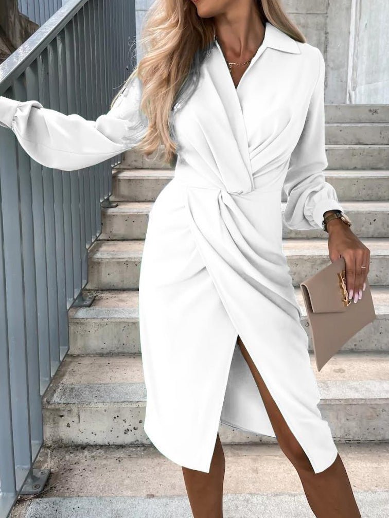 Women's Dresses Solid V-Neck Long Sleeve Slit Dress - Midi Dresses - Instastyled | Online Fashion Free Shipping Clothing, Dresses, Tops, Shoes - 14/09/2022 - Casual Dresses - Color_Black