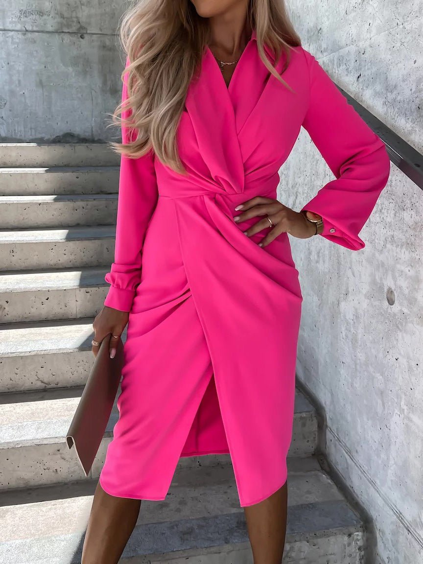 Women's Dresses Solid V-Neck Long Sleeve Slit Dress - Midi Dresses - Instastyled | Online Fashion Free Shipping Clothing, Dresses, Tops, Shoes - 14/09/2022 - Casual Dresses - Color_Black