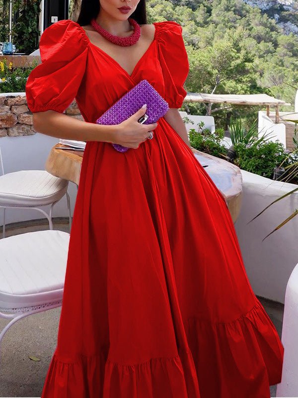 Women's Dresses Solid V-Neck Ruffle Swing Dress - Maxi Dresses - Instastyled | Online Fashion Free Shipping Clothing, Dresses, Tops, Shoes - Casual Dresses - Color_Black - Color_Red