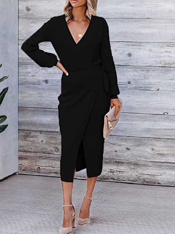 Women's Dresses Solid V-Neck Tie Long Sleeve Knit Dress - Maxi Dresses - Instastyled | Online Fashion Free Shipping Clothing, Dresses, Tops, Shoes - 16/08/2022 - 30-40 - color-black