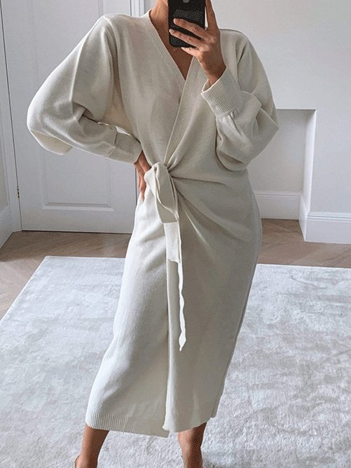 Women's Dresses Solid V-Neck Tie Long Sleeve Split Dress - Maxi Dresses - INS | Online Fashion Free Shipping Clothing, Dresses, Tops, Shoes - 29/10/2021 - 40-50 - color-beige