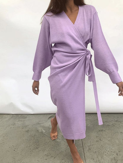 Women's Dresses Solid V-Neck Tie Long Sleeve Split Dress - Maxi Dresses - INS | Online Fashion Free Shipping Clothing, Dresses, Tops, Shoes - 29/10/2021 - 40-50 - color-beige