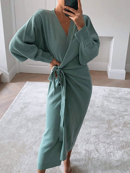 Women's Dresses Solid V-Neck Tie Long Sleeve Split Dress - Maxi Dresses - INS | Online Fashion Free Shipping Clothing, Dresses, Tops, Shoes - 29/10/2021 - 40-50 - color-beige