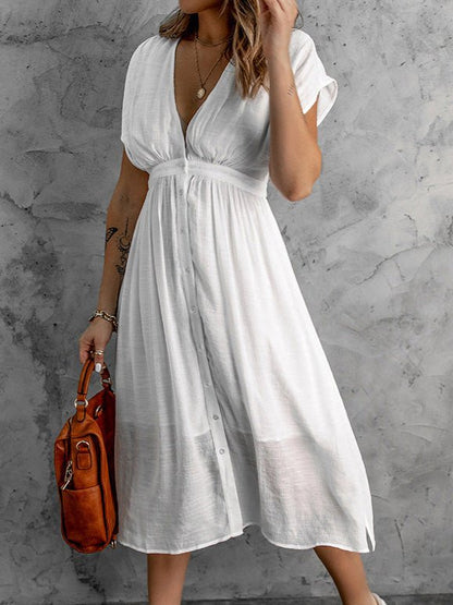 Women's Dresses Solid V-Neck Tulle Short Sleeve Dress - Midi Dresses - Instastyled | Online Fashion Free Shipping Clothing, Dresses, Tops, Shoes - 24/02/2022 - 30-40 - Casual Dresses