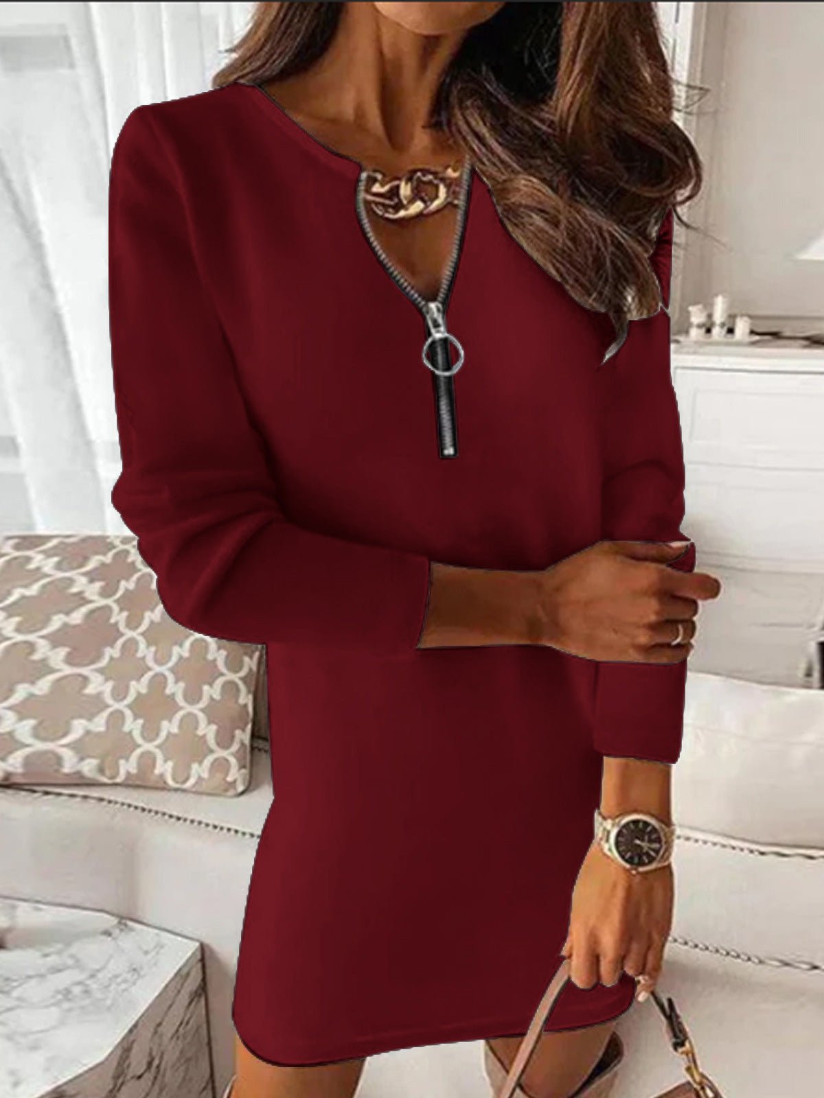 Women's Dresses Solid V-Neck Zip Long Sleeve Dress - MsDressly