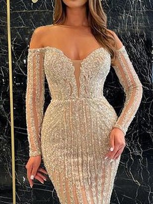Women's Dresses Sparkling One-Shoulder Long Sleeve Slim Fit Dress - Maxi Dresses - Instastyled | Online Fashion Free Shipping Clothing, Dresses, Tops, Shoes - 02/09/2022 - color-gold - Color_Gold
