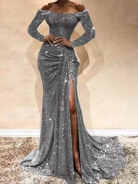 Women's Dresses Sparkling One-Shoulder Long Sleeve Slit Dress - Maxi Dresses - Instastyled | Online Fashion Free Shipping Clothing, Dresses, Tops, Shoes - 21/07/2022 - color-blue - color-dark_blue