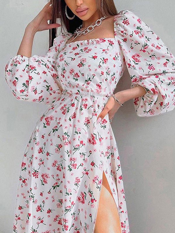 Women's Dresses Square Neck Balloon Sleeve Printed Slit Dress - Midi Dresses - Instastyled | Online Fashion Free Shipping Clothing, Dresses, Tops, Shoes - 12/08/2022 - Color_Pink - Color_White