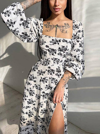 Women's Dresses Square Neck Balloon Sleeve Printed Slit Dress - Midi Dresses - Instastyled | Online Fashion Free Shipping Clothing, Dresses, Tops, Shoes - 12/08/2022 - Color_Pink - Color_White