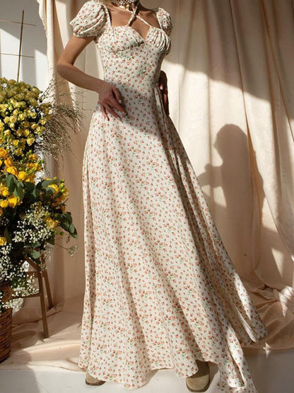 Women's Dresses Square Neck Cross-Tie Floral Slit Dress - Maxi Dresses - Instastyled | Online Fashion Free Shipping Clothing, Dresses, Tops, Shoes - 18/05/2022 - 30-40 - color-apricot