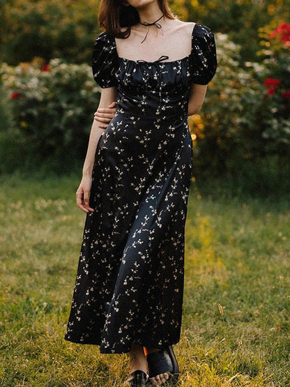 Women's Dresses Square Neck Floral Slit Dress - Maxi Dresses - Instastyled | Online Fashion Free Shipping Clothing, Dresses, Tops, Shoes - 11/05/2022 - 30-40 - color-black