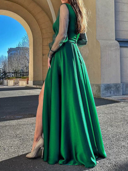 Women's Dresses Square Neck Mesh Long Sleeve Slit Party Dress - Maxi Dresses - Instastyled | Online Fashion Free Shipping Clothing, Dresses, Tops, Shoes - 31/08/2022 - color-green - Color_Green