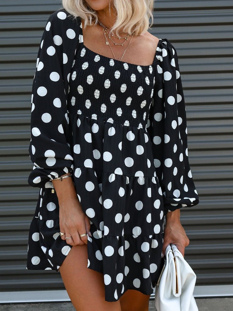 Women's Dresses Square Neck Polka Dot Print Long Sleeve Dress - Mini Dresses - Instastyled | Online Fashion Free Shipping Clothing, Dresses, Tops, Shoes - 23/08/2022 - 40-50 - color-black