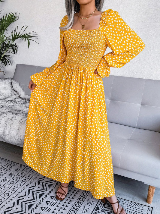 Women's Dresses Square Neck Printed Long Sleeve Dress - Maxi Dresses - INS | Online Fashion Free Shipping Clothing, Dresses, Tops, Shoes - 09/10/2021 - Color_Red - Color_Yellow