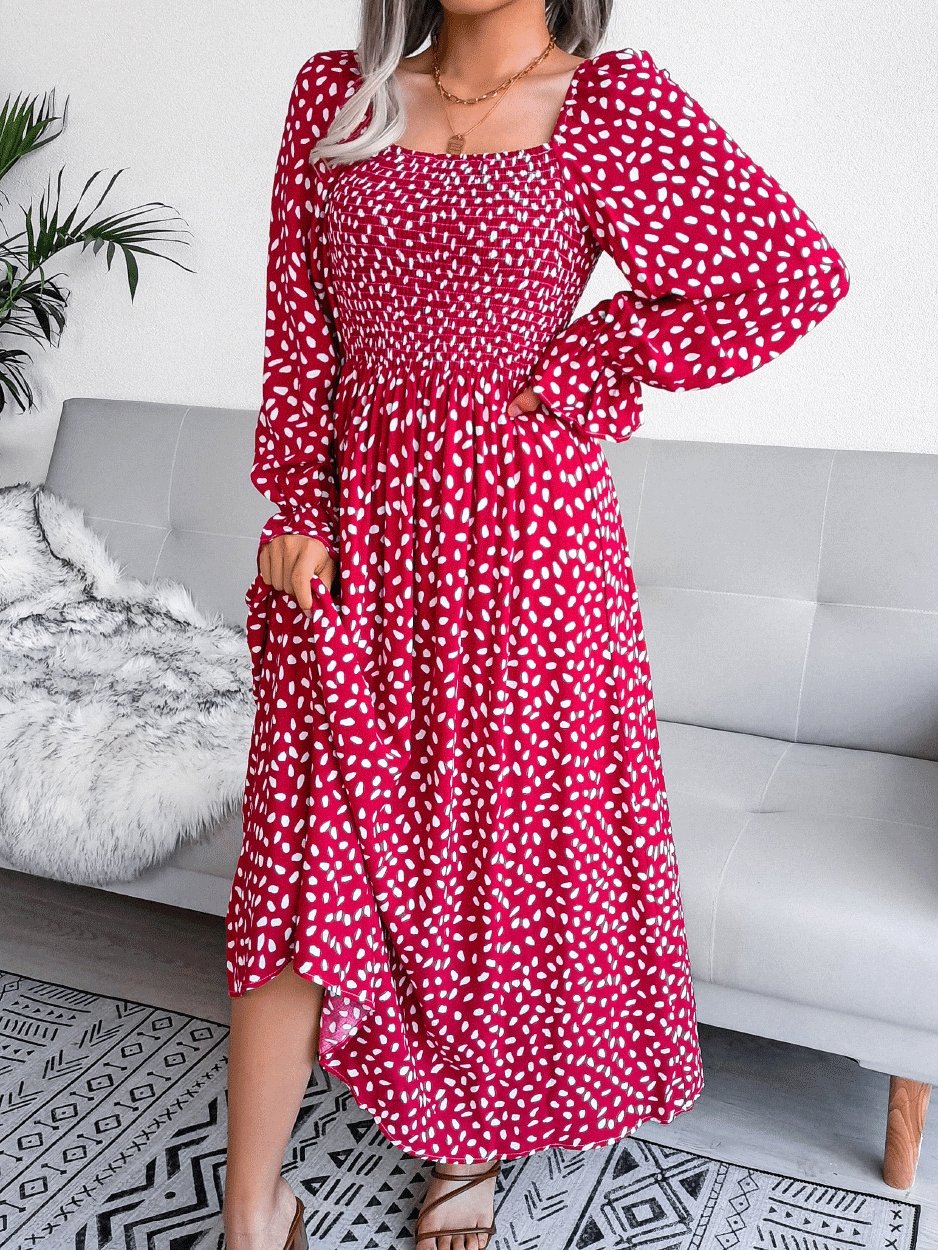 Women's Dresses Square Neck Printed Long Sleeve Dress - Maxi Dresses - INS | Online Fashion Free Shipping Clothing, Dresses, Tops, Shoes - 09/10/2021 - Color_Red - Color_Yellow