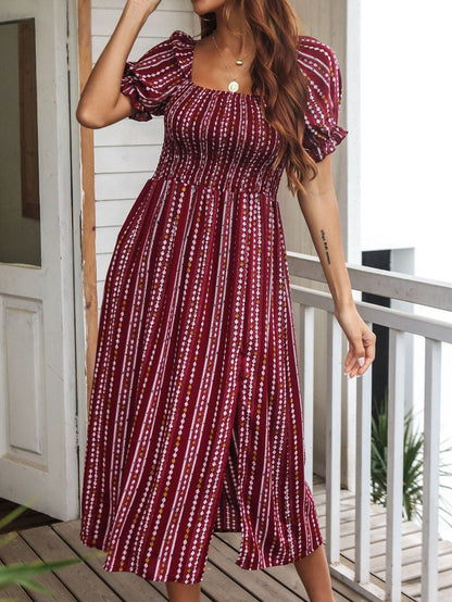 Women's Dresses Square Neck Printed Puff Sleeve Dress - Maxi Dresses - Instastyled | Online Fashion Free Shipping Clothing, Dresses, Tops, Shoes - 28/09/2022 - 30-40 - color-apricot