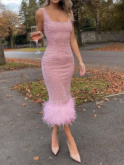 Women's Dresses Square Neck Sequin Slim Fit Feather Swing Dress - Maxi Dresses - Instastyled | Online Fashion Free Shipping Clothing, Dresses, Tops, Shoes - 26/09/2022 - Color_Blue - Color_White