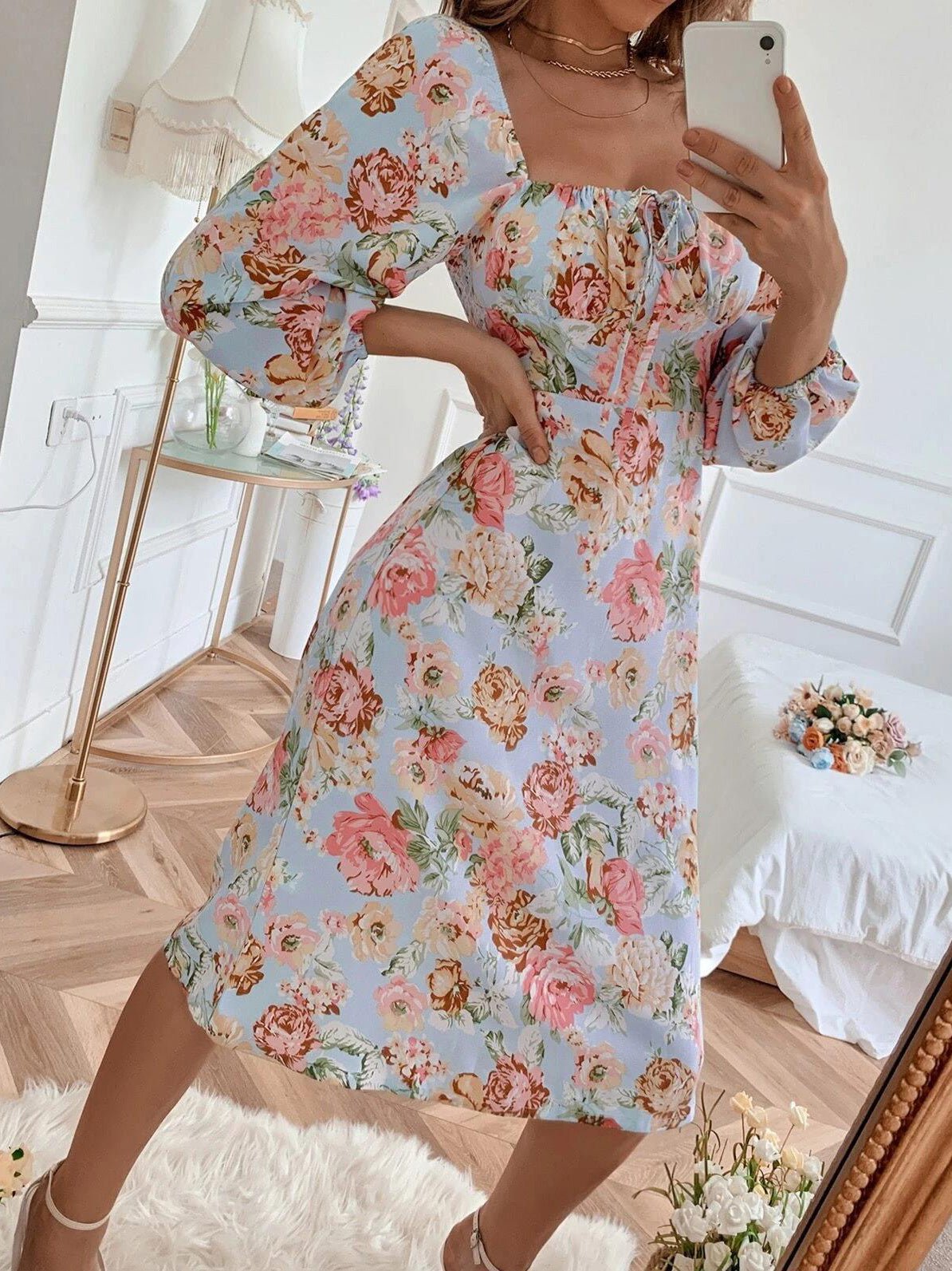 Women's Dresses Square Neck Tie Floral Long Sleeve Dress - Midi Dresses - Instastyled | Online Fashion Free Shipping Clothing, Dresses, Tops, Shoes - 03/03/2022 - 30-40 - color-pink