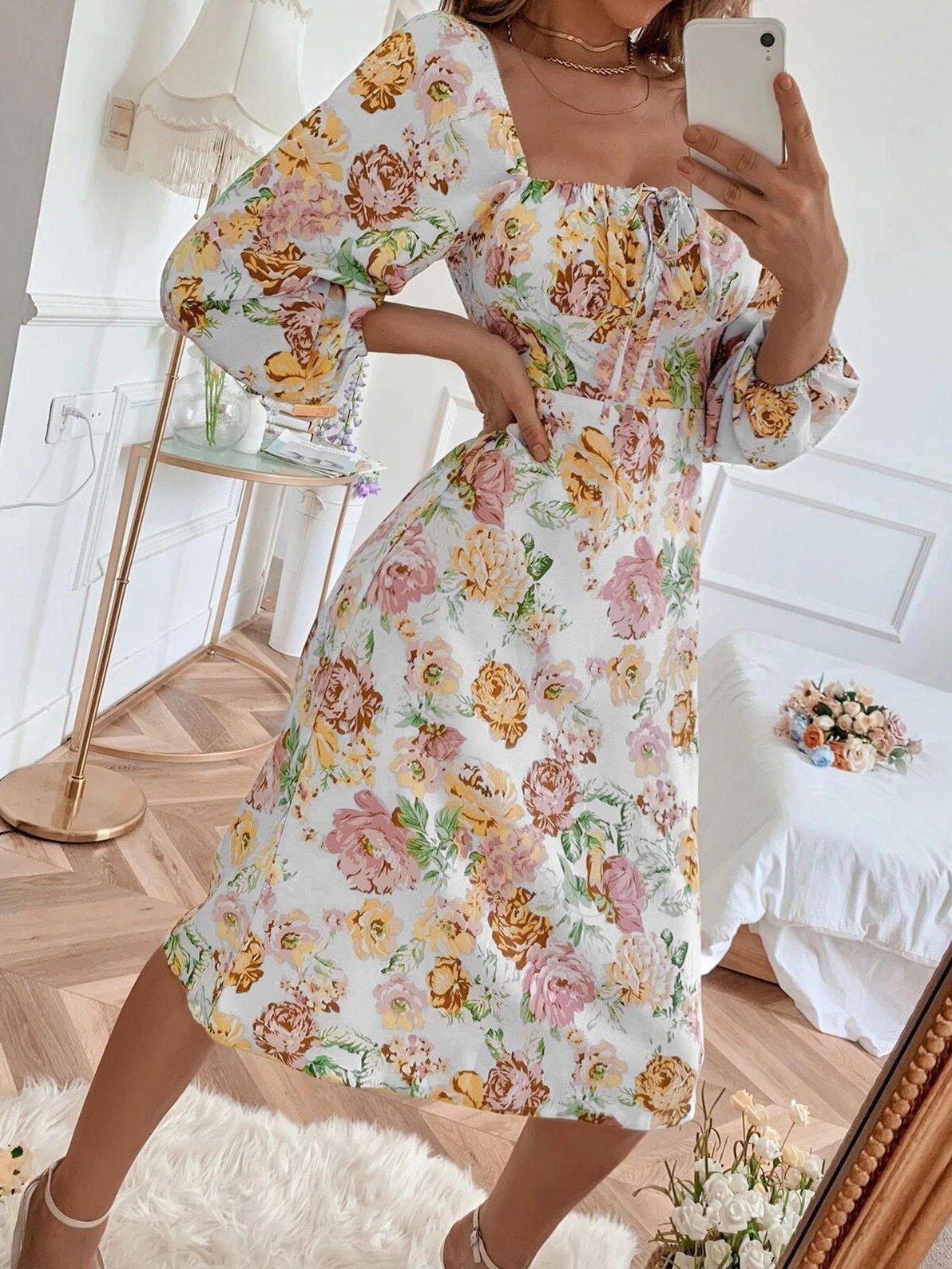 Women's Dresses Square Neck Tie Floral Long Sleeve Dress - Midi Dresses - Instastyled | Online Fashion Free Shipping Clothing, Dresses, Tops, Shoes - 03/03/2022 - 30-40 - color-pink