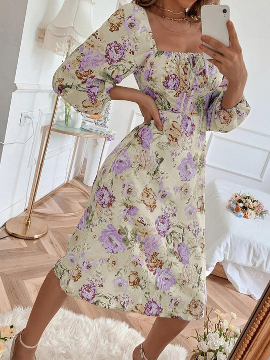 Women's Dresses Square Neck Tie Floral Long Sleeve Dress - Midi Dresses - Instastyled | Online Fashion Free Shipping Clothing, Dresses, Tops, Shoes - 03/03/2022 - 30-40 - color-pink