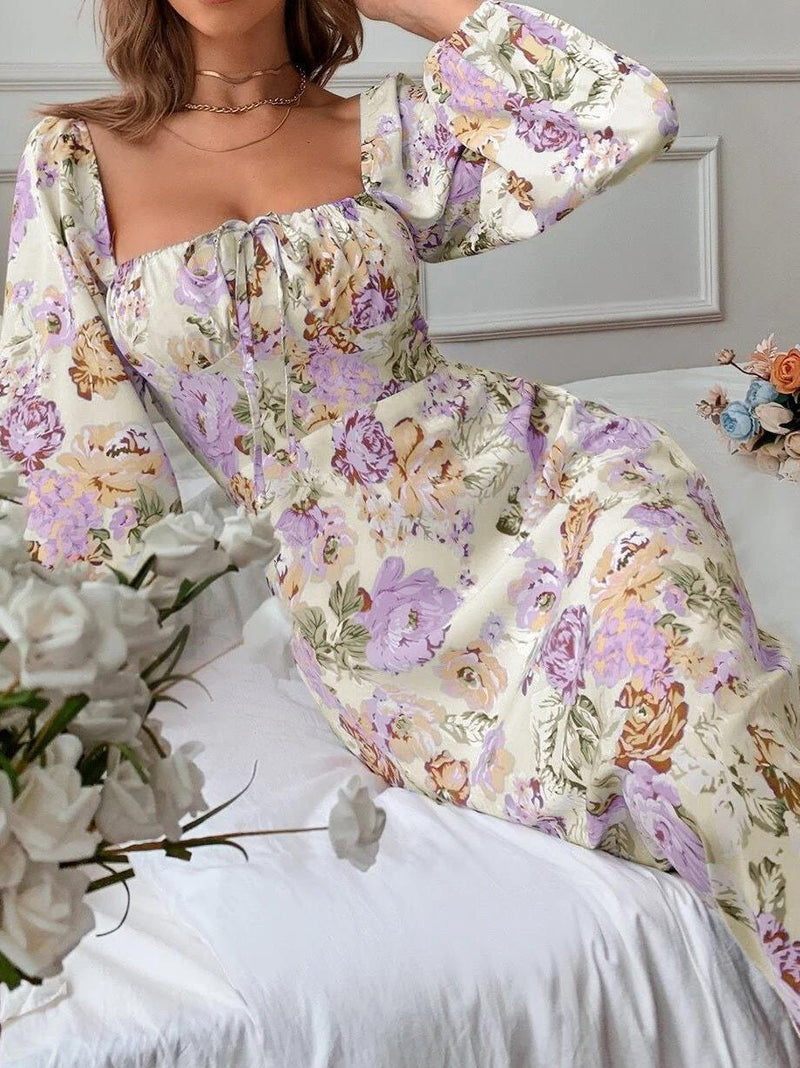 Women's Dresses Square Neck Tie Floral Long Sleeve Dress - Midi Dresses - Instastyled | Online Fashion Free Shipping Clothing, Dresses, Tops, Shoes - 03/03/2022 - 30-40 - color-pink