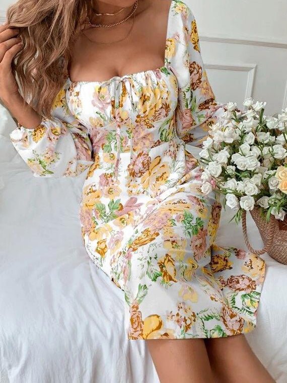 Women's Dresses Square Neck Tie Floral Long Sleeve Dress - Midi Dresses - Instastyled | Online Fashion Free Shipping Clothing, Dresses, Tops, Shoes - 03/03/2022 - 30-40 - color-pink