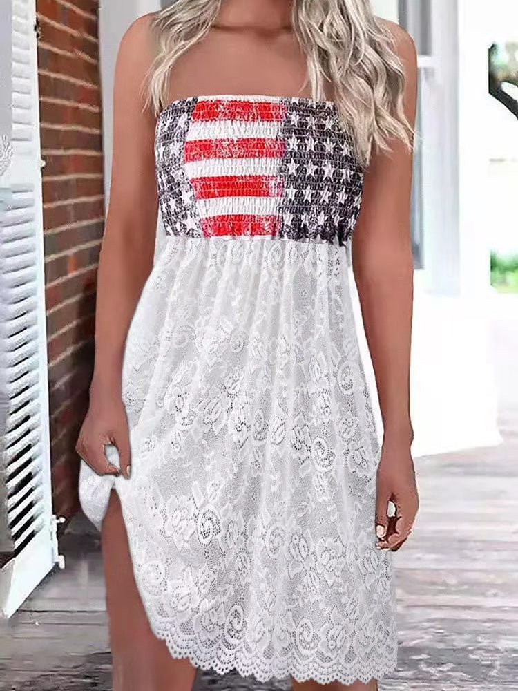 Women's Dresses Stars and Stripes Print Bandeau Lace Panel Dress - Mini Dresses - Instastyled | Online Fashion Free Shipping Clothing, Dresses, Tops, Shoes - 20/06/2022 - 30-40 - Casual Dresses