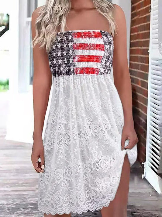 Women's Dresses Stars and Stripes Print Bandeau Lace Panel Dress - Mini Dresses - Instastyled | Online Fashion Free Shipping Clothing, Dresses, Tops, Shoes - 20/06/2022 - 30-40 - Casual Dresses