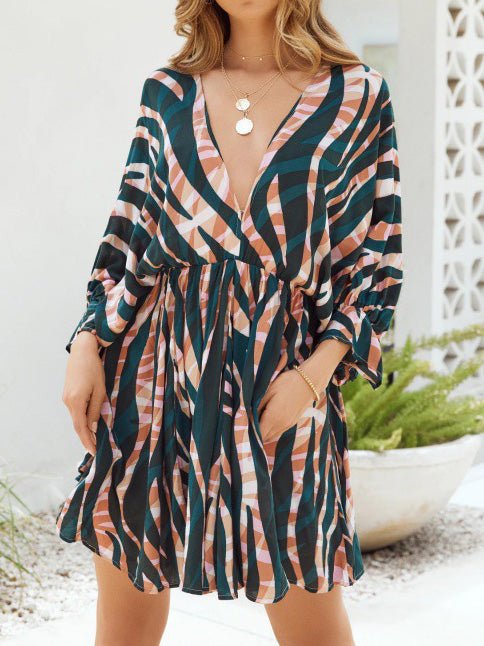 Women's Dresses Stripe Print V-Neck Belted Long Sleeve Dress - MsDressly