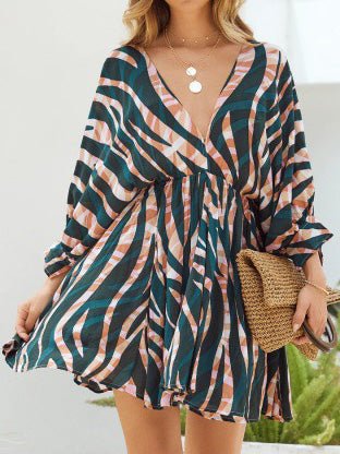 Women's Dresses Stripe Print V-Neck Belted Long Sleeve Dress - MsDressly