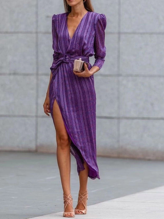Women's Dresses Striped Belt Long Sleeve Slit Dress - Maxi Dresses - Instastyled | Online Fashion Free Shipping Clothing, Dresses, Tops, Shoes - 16/09/2022 - Color_Purple - DRE2209165441