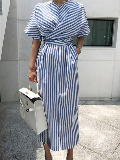 Women's Dresses Striped Cross-Tie Slit Dress - Maxi Dresses - Instastyled | Online Fashion Free Shipping Clothing, Dresses, Tops, Shoes - 17/02/2022 - 30-40 - color-white