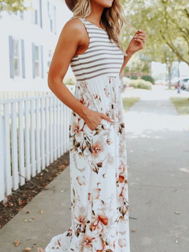 Women's Dresses Striped Floral Print Sleeveless Dress - Maxi Dresses - Instastyled | Online Fashion Free Shipping Clothing, Dresses, Tops, Shoes - 20-30 - 22/01/2022 - color-white