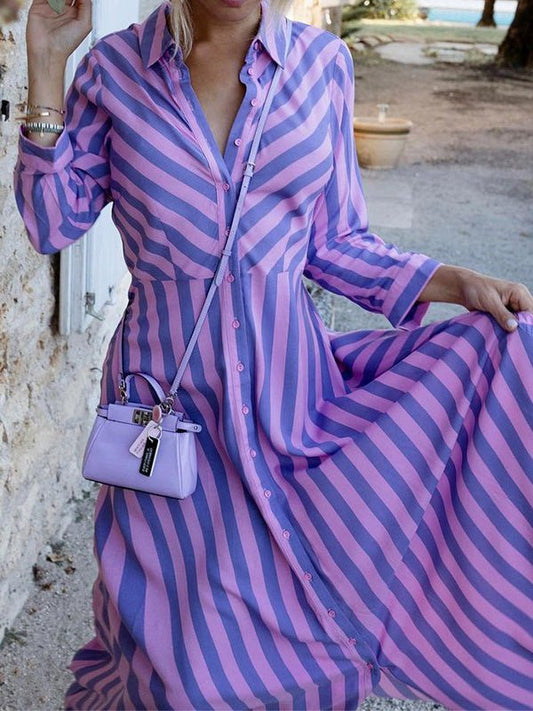 Women's Dresses Striped Lapel Button Long Sleeve Shirt Dress - Maxi Dresses - Instastyled | Online Fashion Free Shipping Clothing, Dresses, Tops, Shoes - 05/09/2022 - 40-50 - color-green