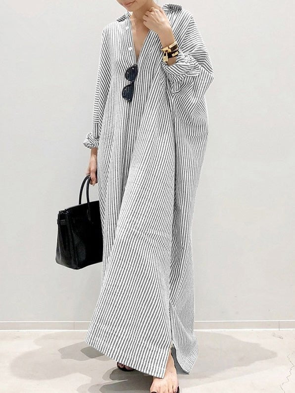 Maxi Dresses - Striped Long Sleeve Slit Irregular Dress - MsDressly