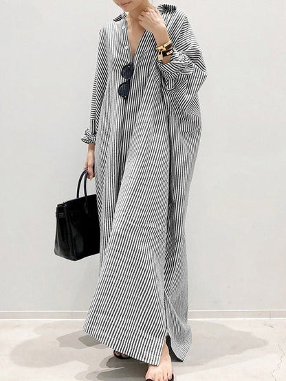 Maxi Dresses - Striped Long Sleeve Slit Irregular Dress - MsDressly
