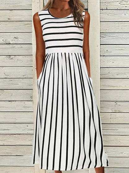 Women's Dresses Striped Print Crew Neck Pocket Sleeveless Dress - Maxi Dresses - Instastyled | Online Fashion Free Shipping Clothing, Dresses, Tops, Shoes - 20/06/2022 - 30-40 - Casual Dresses