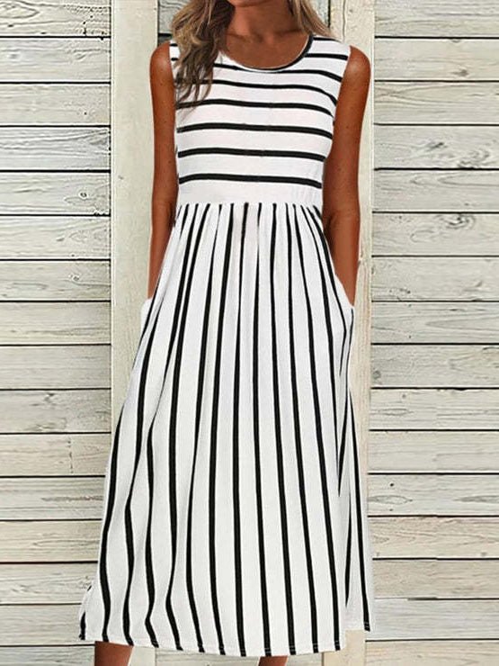 Women's Dresses Striped Print Crew Neck Pocket Sleeveless Dress - Maxi Dresses - Instastyled | Online Fashion Free Shipping Clothing, Dresses, Tops, Shoes - 20/06/2022 - 30-40 - Casual Dresses