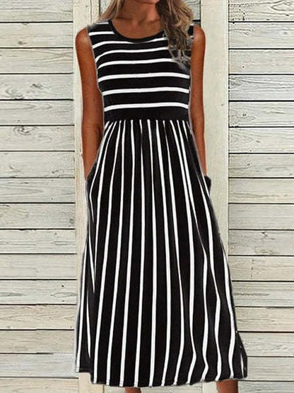 Women's Dresses Striped Print Crew Neck Pocket Sleeveless Dress - Maxi Dresses - Instastyled | Online Fashion Free Shipping Clothing, Dresses, Tops, Shoes - 20/06/2022 - 30-40 - Casual Dresses