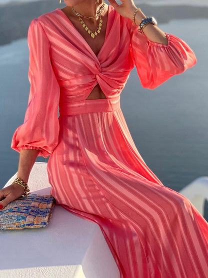 Women's Dresses Striped Print Hollow Puff Sleeve Dress - Maxi Dresses - Instastyled | Online Fashion Free Shipping Clothing, Dresses, Tops, Shoes - 25/08/2022 - Color_Red - DRE2208255243